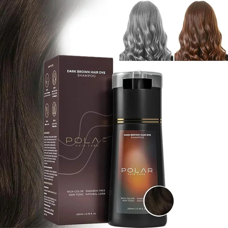 POLAR Dark Brown hair dye shampoo with before and after result