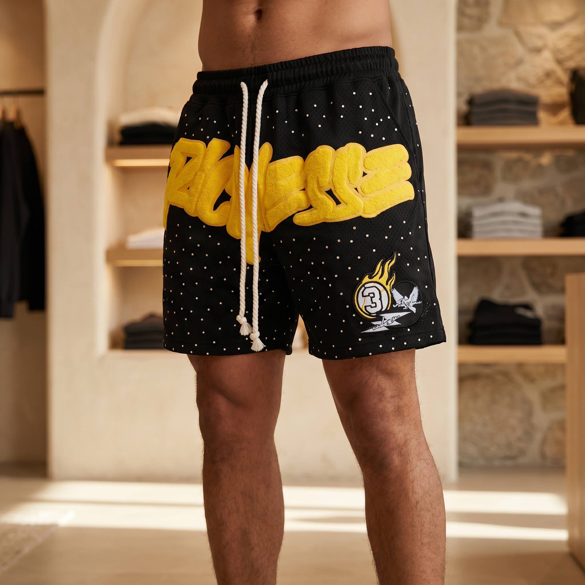 Rhinestone Mesh Shorts in black, worn by model