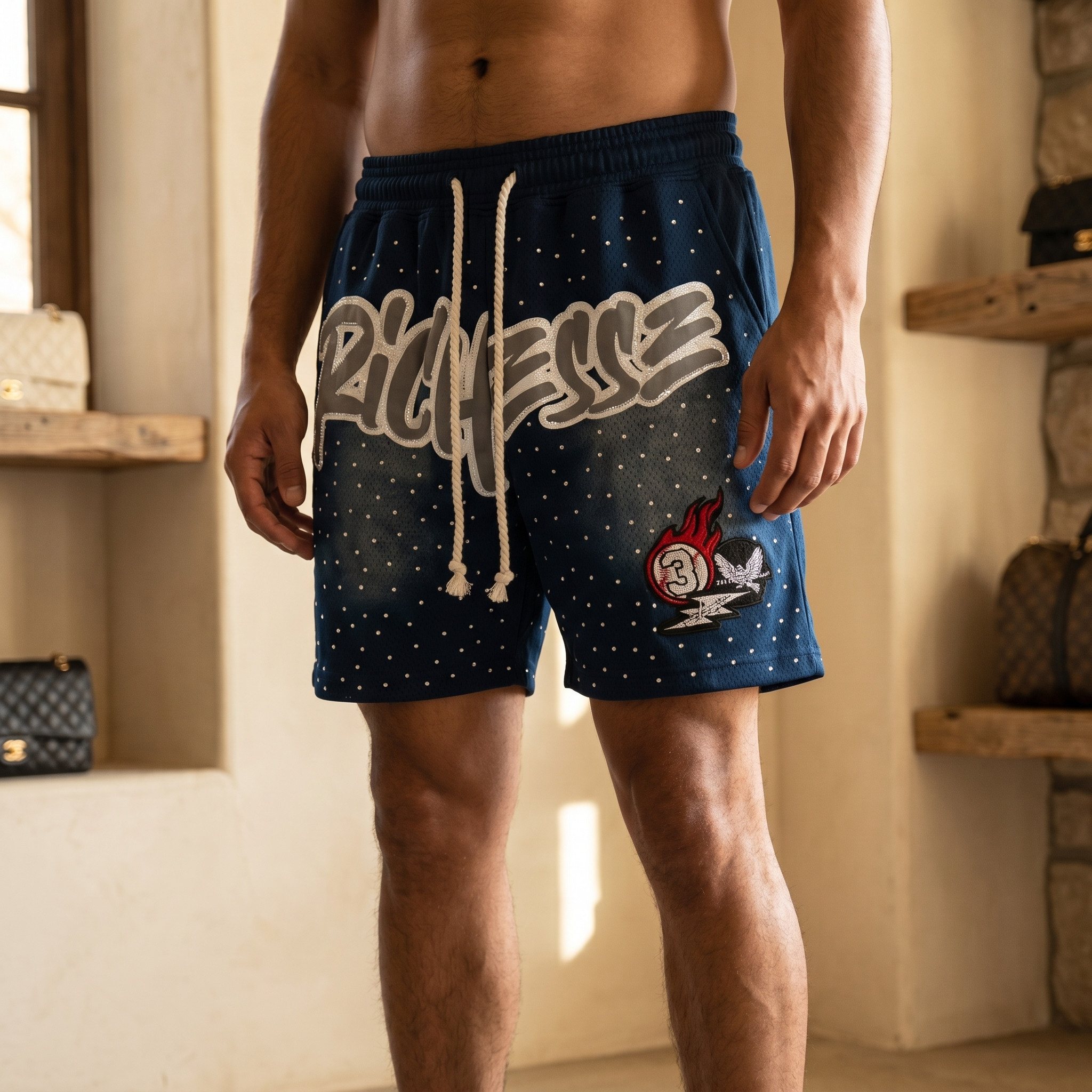 Rhinestone Mesh Shorts in blue, worn by model