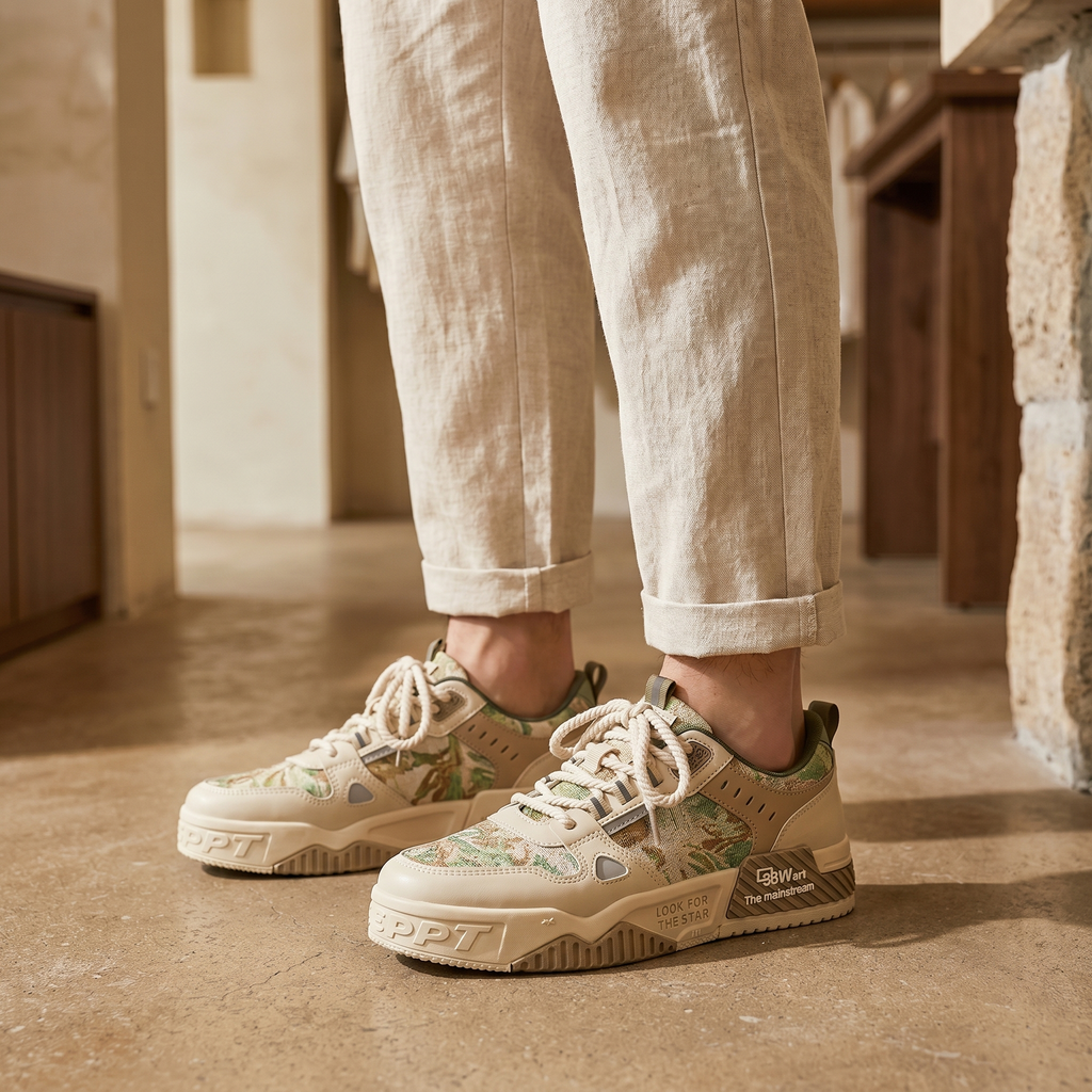 Breathable sneakers in beige khaki, worn by model
