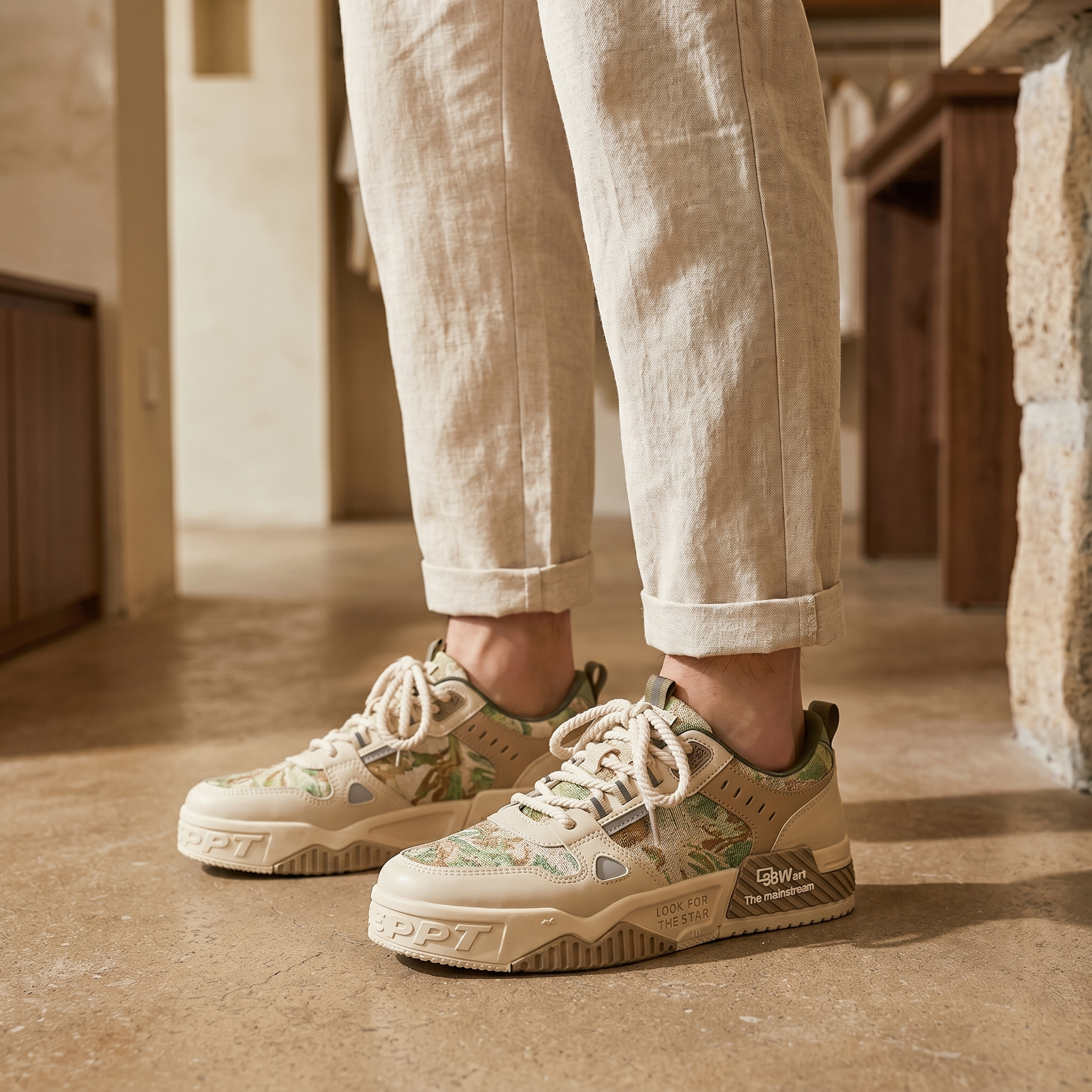 Breathable sneakers in beige khaki, worn by model