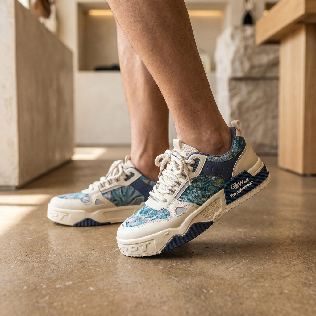 Breathable sneakers in blue, worn by model