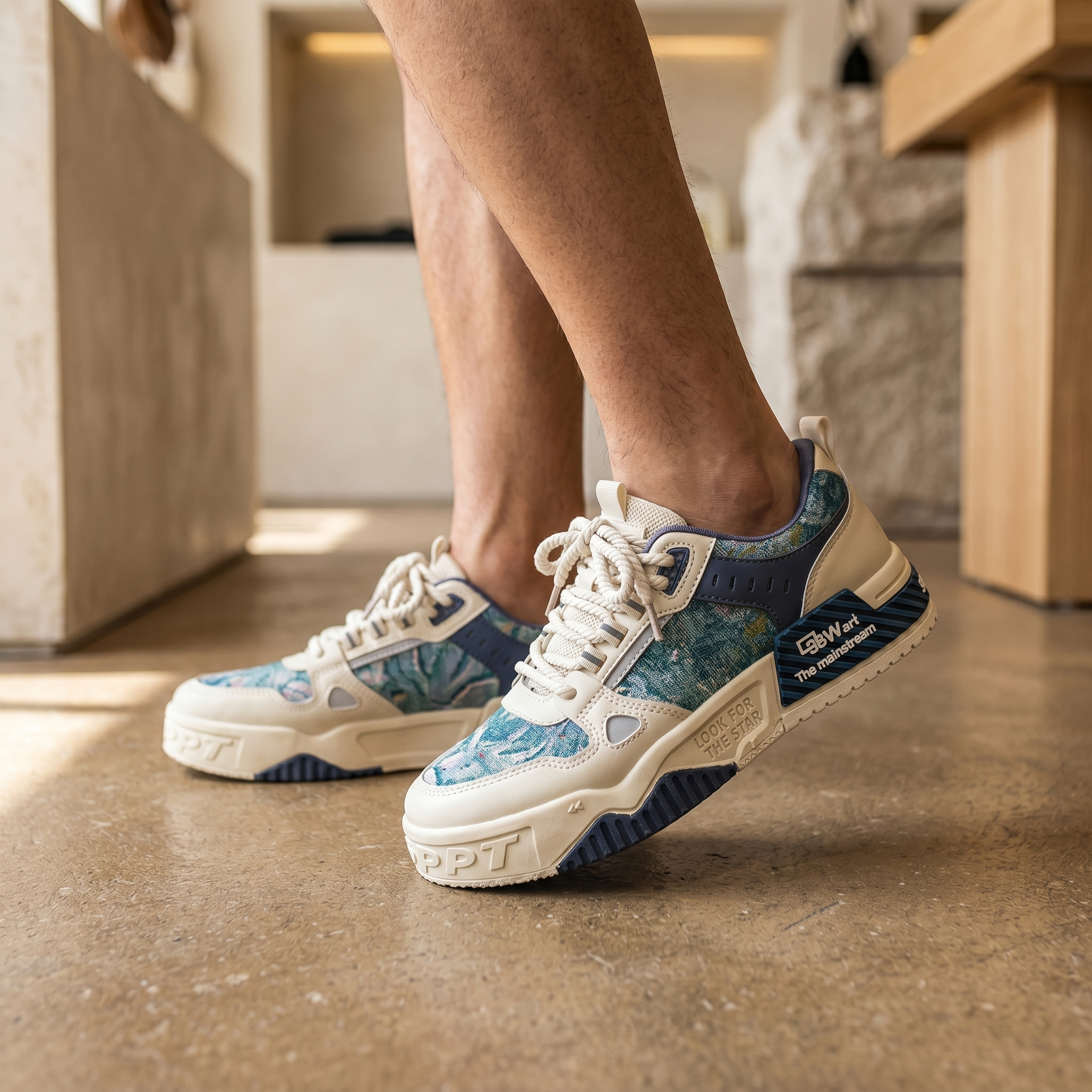 Breathable sneakers in blue, worn by model
