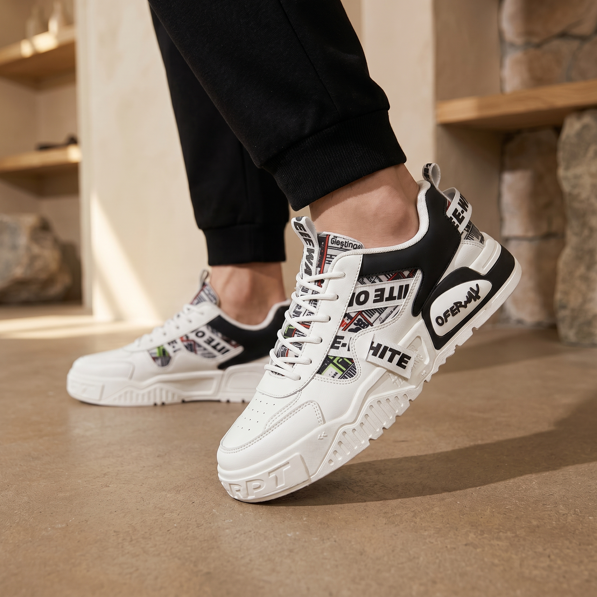 Breathable sneakers in white/black, worn by model