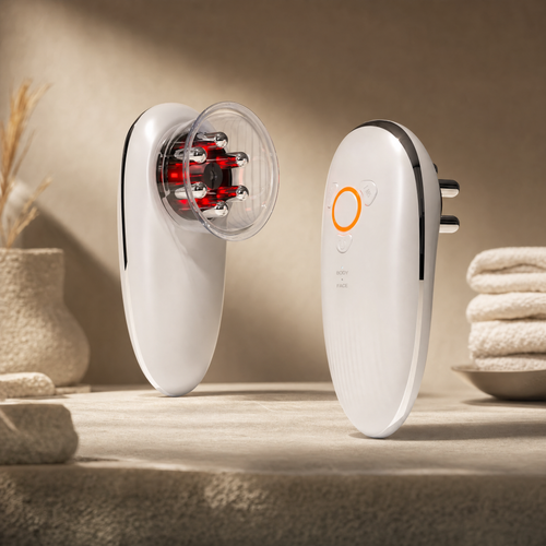 White 4-in-1 face and body sculpting massager on a spa stone surface