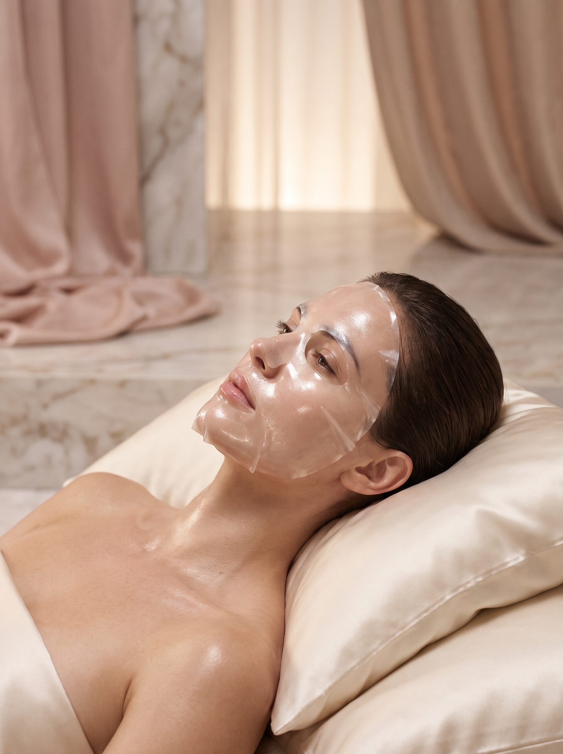 Woman wearing a bio-collagen overnight hydrating sheet mask with glowing skin