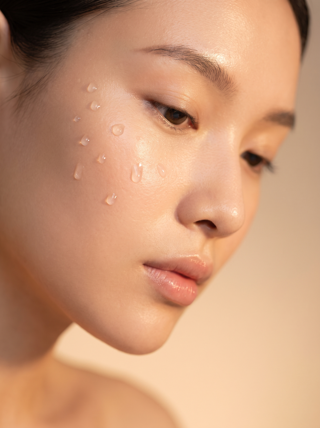 Close-up of dewy, deeply hydrated, glowing skin
