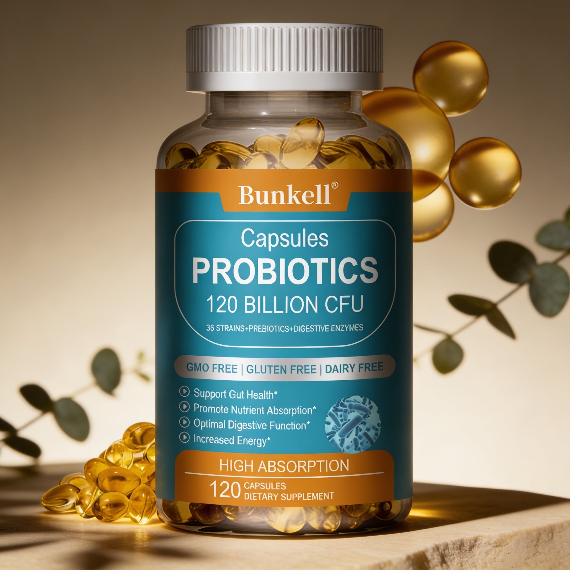 Probiotics 120 Billion CFU enzyme gut support supplement - cinematic product photo